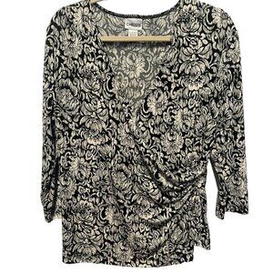 Chicos Womens Top 2 (L) Faux Wrap Black Floral Stretch V Neck 3/4 Sleeve Slinky